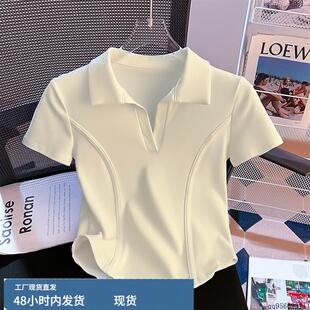Cici自留款 短袖 推荐 正肩polo翻领收腰鱼骨短款 t恤女 夏季 Nancy