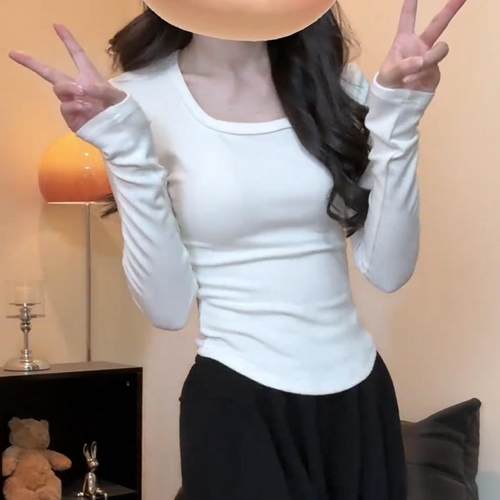 正肩长袖白t恤女早秋2025新款韩版U领内搭打底衫修身显瘦短款上衣