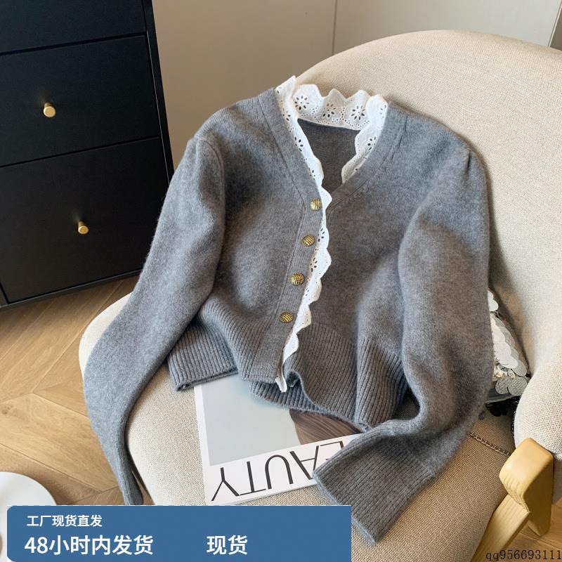 Nancy Cici自留款推荐~法式别致v领拼接蕾丝毛衣女短款针织开衫秋