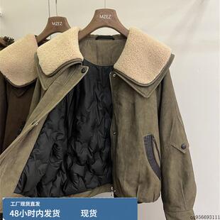 今年流行羊羔毛翻领短款羽绒服女冬2025新款欧货内胆白鸭绒派克服