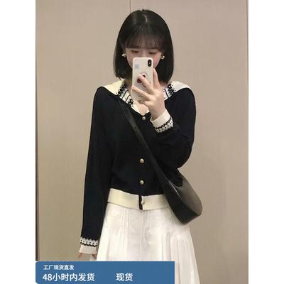韩系小个子短款黑色海军领毛衣开衫外套女2025秋季新款针织衫上衣