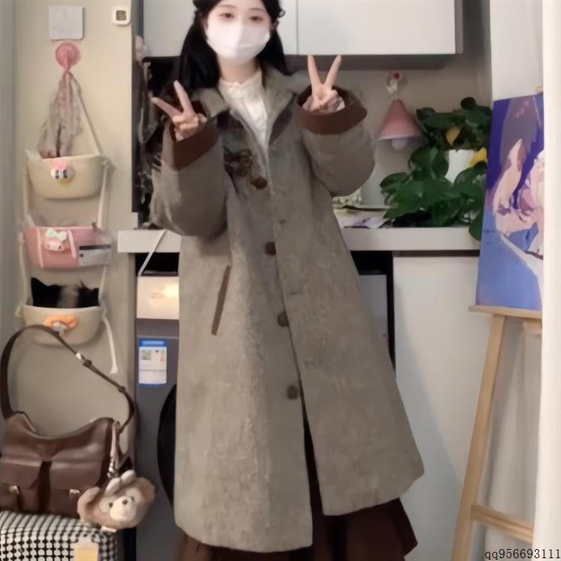 毛呢大衣女款2024新款冬季中长款夹棉加厚复古立领拼接呢子外套潮