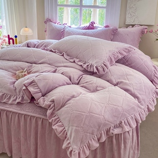 公主风加厚雕花牛奶绒四件套冬季 保暖双面绒被套夹棉床裙床品 韩版