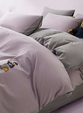 小熊灰紫色纯棉被套单件2025新款韩版宿舍全棉150x200单双人被罩