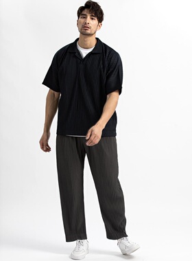 三宅风褶皱男装polo衫短袖上衣翻领夏季透气宽松休闲日系JM030