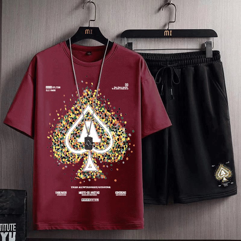 夏季黑桃a印花大码套装休闲宽松五分袖t恤男时尚百搭直筒五分裤子