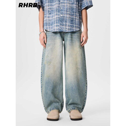 RHRB阔腿直筒弯刀牛仔裤男款夏季新款宽松慵懒风设计感小众裤子潮