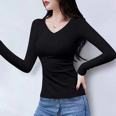 白色长袖t恤女修身打底衫内搭圆领韩版上衣百搭显瘦低领春装