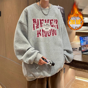 宽松圆领套头长袖 复古麂皮绒重磅卫衣男生秋季 上衣2 300斤美式 大码