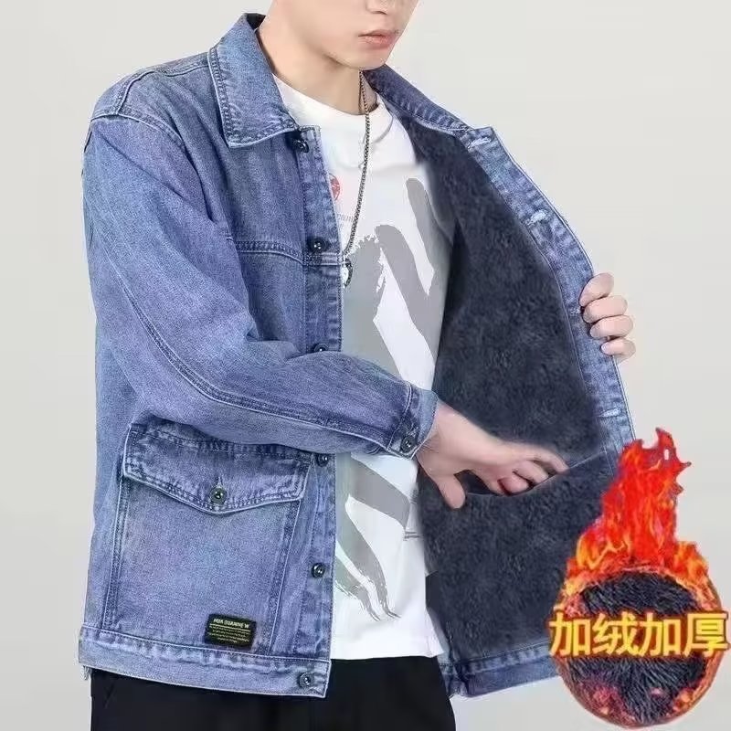 水洗牛仔夹克男士宽松显瘦潮流高端浅色休闲上衣服秋冬季加绒外套
