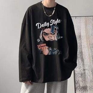 美式hiphop长袖t恤男春秋冬季ins上衣潮流百搭宽松高街印花打底衫