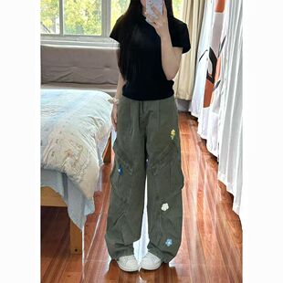 小个子美式复古刺绣花朵多口袋工装牛仔裤女春季慵懒松弛感阔腿裤