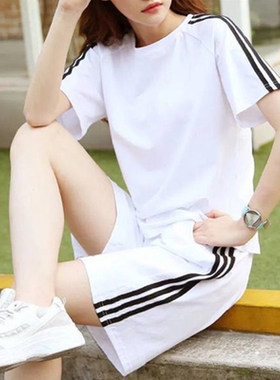 精神小伙套装男多条杆运动短裤社会青年白色休闲五分短裤学生马裤