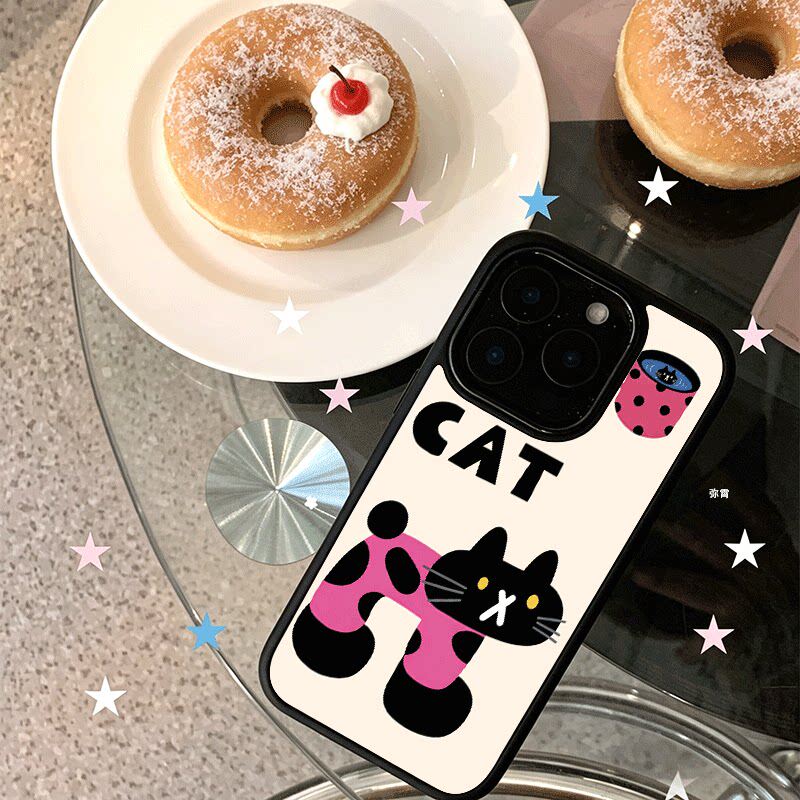 字母波点猫咪适用苹果17手机壳iPhone16promax创意15新款14爆款13min网红12小众11黑色肤感玻璃7全包防摔硬壳