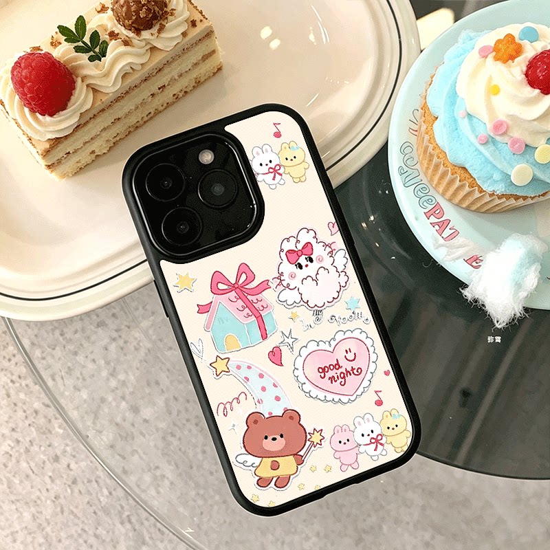 ins超萌兔子小熊适用苹果17promax手机壳iPhone16创意15新款14黑色肤感13mini小众x情侣11玻璃12全包防摔硬壳
