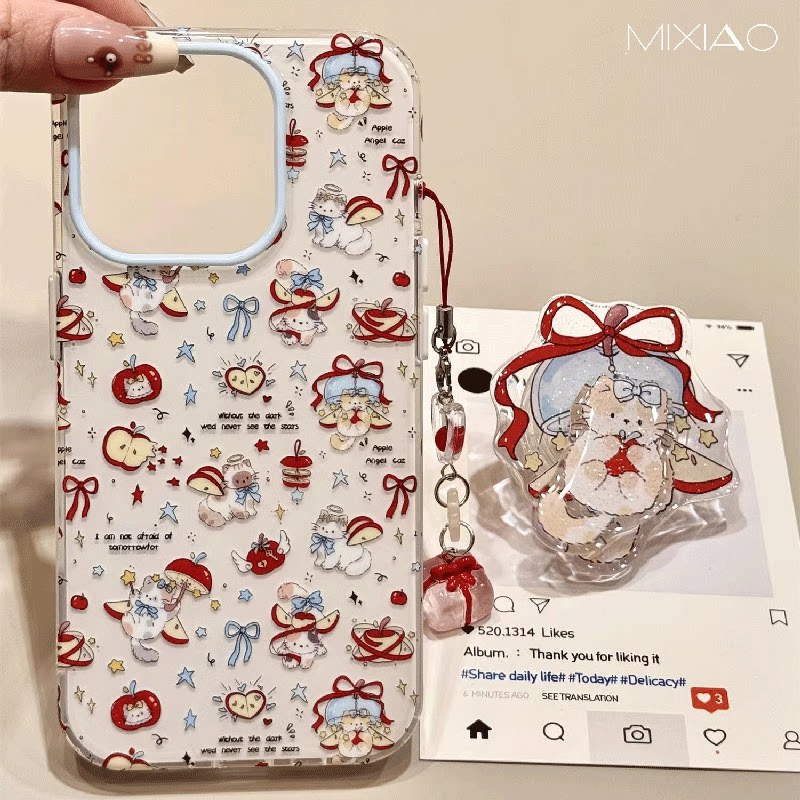 红色蝴蝶结猫咪风铃适用苹果17手机壳iPhone16新款15plus卡通14pro可爱13清新12少女11时尚创意x全包防摔硬壳