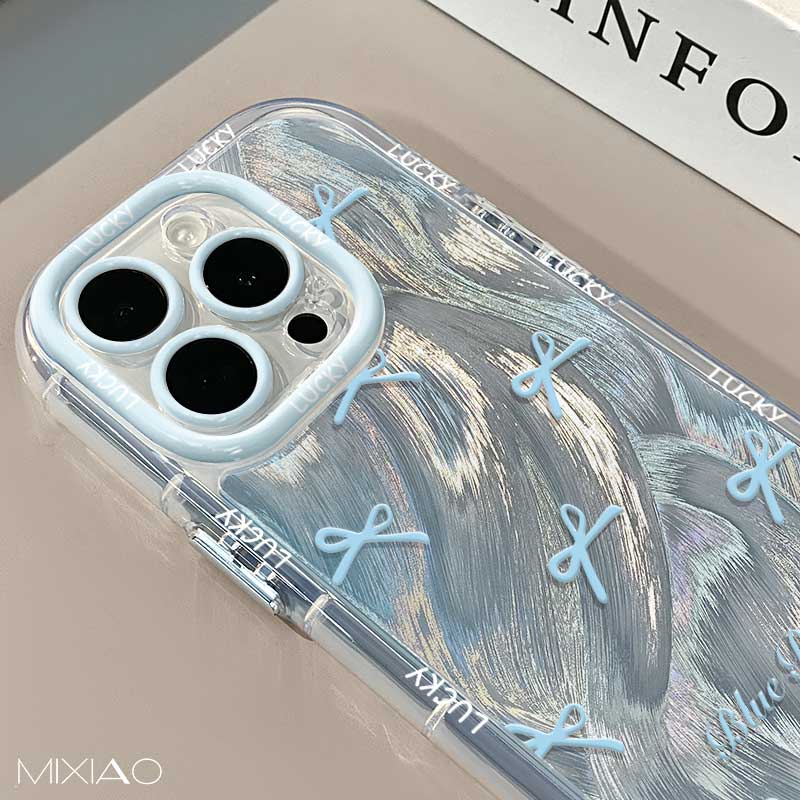 蓝色蝴蝶结适用苹果17奶油羽纱纹iphone16promax清新15plus手机壳air可爱14pro全包13趣味12少女11防摔硬壳