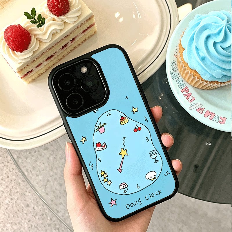 蓝色动物钟表适用苹果17promax手机壳iPhone16创意15新款14爆款13min少女12小众11黑色肤感玻璃7全包防摔硬壳