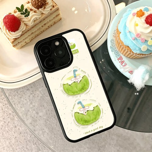 ins可爱两个椰子适用苹果17手机壳iPhone16promax创意15新款14卡通13mini女12高级小众x黑色肤感玻璃防摔硬壳