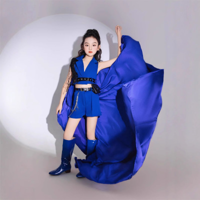 宝蓝西装套装带拖尾8露脐款正常女风潮服走秀t台服装中大童新款