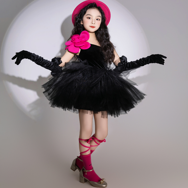 儿童多巴胺T台走秀礼服斜肩短裙