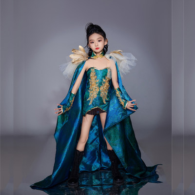 女童走秀演出拍照礼服儿童T台比赛模特秀中国风孔雀绿国潮新中式