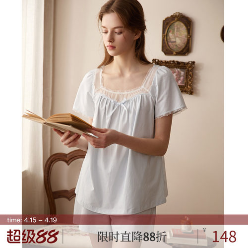 RoseTree柔纱花边领纯棉短袖短裤