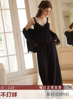 RoseTree睡衣女三件套春秋季黑色莫代尔性感纯欲家居服带胸垫