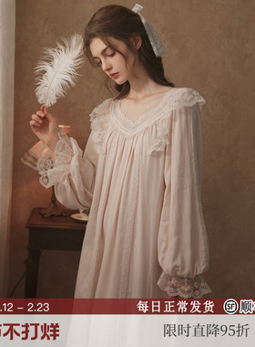 RoseTree宫廷睡裙女春秋季长袖长款蕾丝复法式古棉纱睡衣2025新款