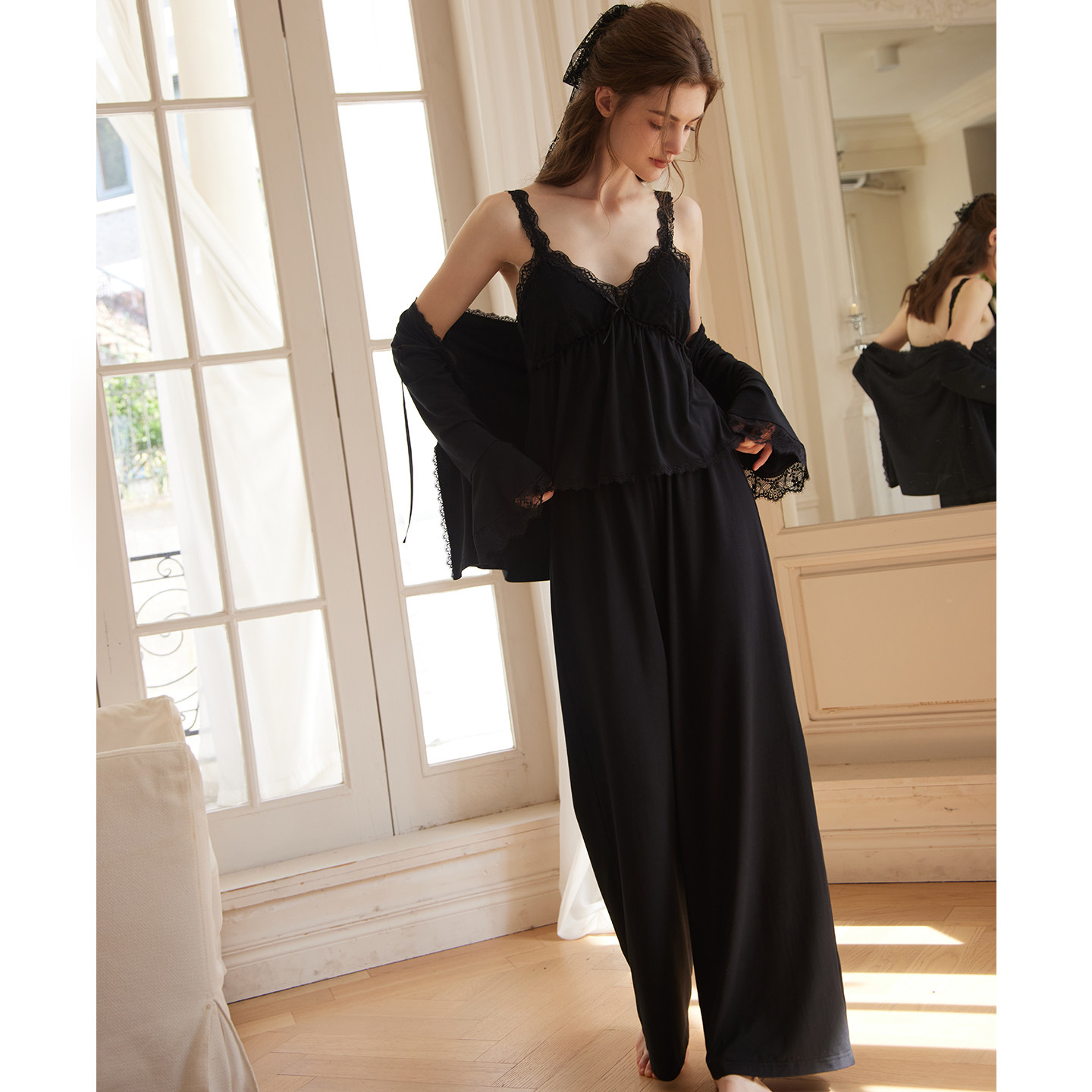 RoseTree睡衣女三件套春秋季黑色莫代尔性感纯欲家居服带胸垫