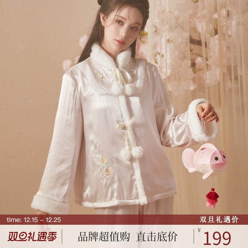 RoseTree汉服睡衣女秋冬季国风新中式薄绒珊瑚绒家居服套装可外穿