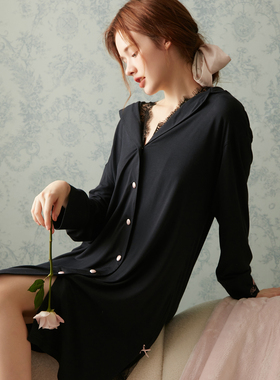 RoseTree男友风睡衣女款春秋季长袖莫代尔黑色性感法式衬衫睡裙