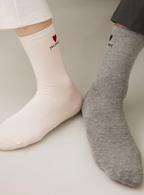 RoseTree袜子男女款春秋可爱日系爱心中筒袜粉色灰色情侣棉袜长袜