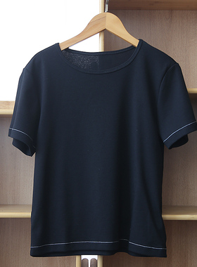 夏季简约洒黑色高弹力罗纹布薄显瘦修身针织T恤女壹旧9220-2Y同款