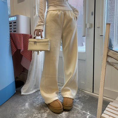 秋冬加绒糯米裤女高腰阔腿拖地