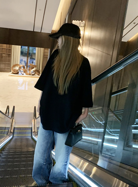 KMZD 松弛T 纯色圆领七分袖针织短袖高克重德绒宽松显瘦T恤女上衣