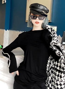 黑色小衫长袖女2024新款春秋镶钻高档洋气春秋时尚气质打底T恤潮