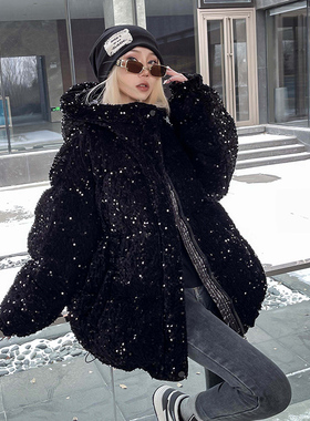 黑色原创设计羽绒服女2025年新款冬季重工亮片中长款高端今年爆款