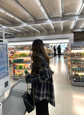 KMZD 济州岛的风 格子长袖衬衫宽松慵懒风百搭通勤休闲中长款外套