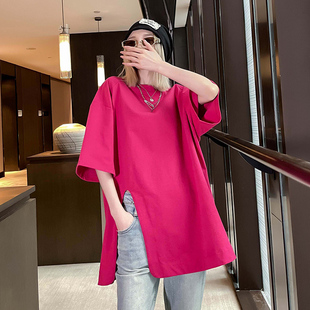 火龙果色大款t恤女2024新款夏净版宽松开叉设计感小众短袖上衣潮