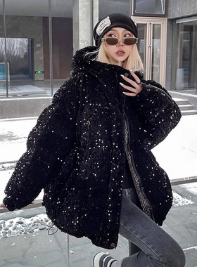 亮闪闪的羽绒服女冬季黑色加厚白鸭绒中长款连帽爆款高级感超好看