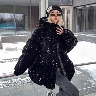 亮闪闪的羽绒服女冬季黑色加厚白鸭绒中长款连帽爆款高级感超好看