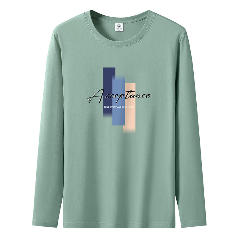 中青年100%纯棉长袖t恤男宽松纯色打底衫男士秋季印花百搭圆领T恤