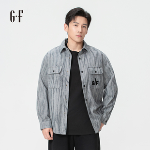 GF男装 秋季韩版潮不规则线条宽松翻领长袖衬衫外套S/A 110253014