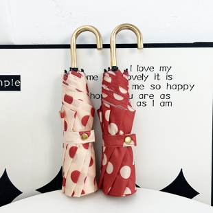 圆波点弯钩手柄酒红色晴雨两用遮阳伞防晒防紫外新折叠太阳伞黑胶