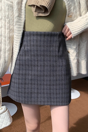 Real shot, real price, solid color, vintage woolen skirt, women's high waist, A-line, thin, contrast color, plaid casual skirt