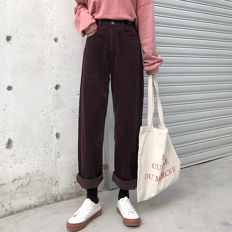Real price straight tube high waist adjustable corduroy pants versatile casual loose wide leg pants