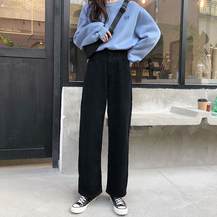 Real price Korean style straight tube high waist adjustable corduroy pants versatile loose wide leg casual pants