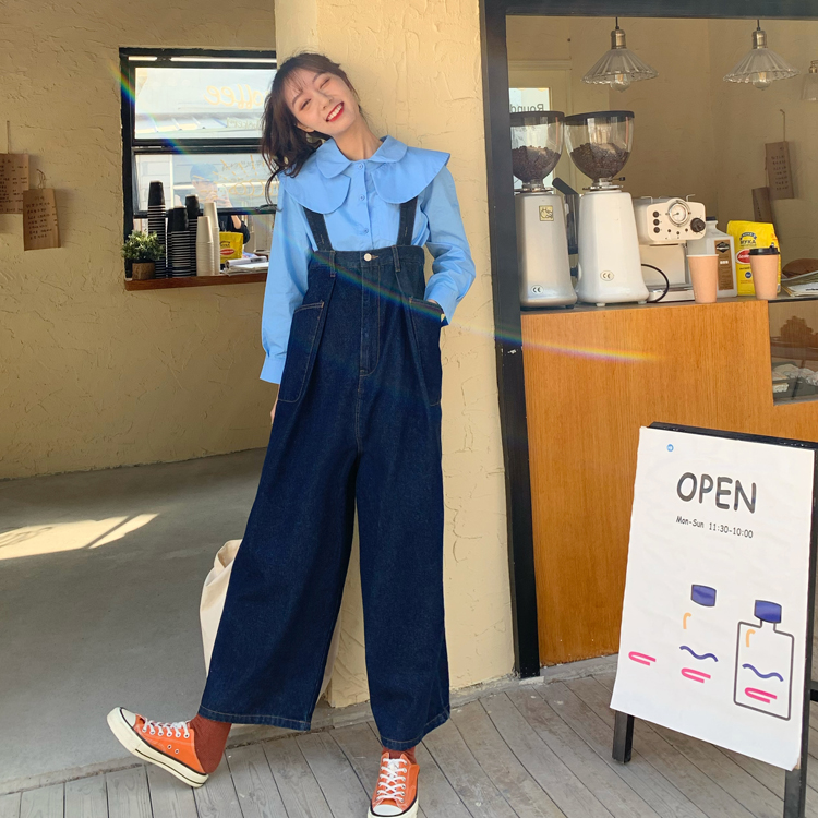 Real auction real price denim strap pants women's straight tube loose new strap pants Korean wide leg pants