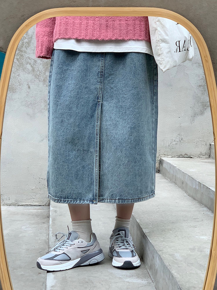 Real shot real price Retro High Waist versatile adjustable waist denim front split skirt mid length skirt
